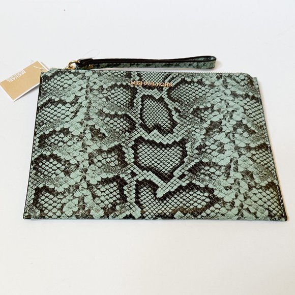 Michael Kors Jet Set Travel XL Clutch Wristlet Embossed Leather Pale Jade Multi - Picture 5 of 9